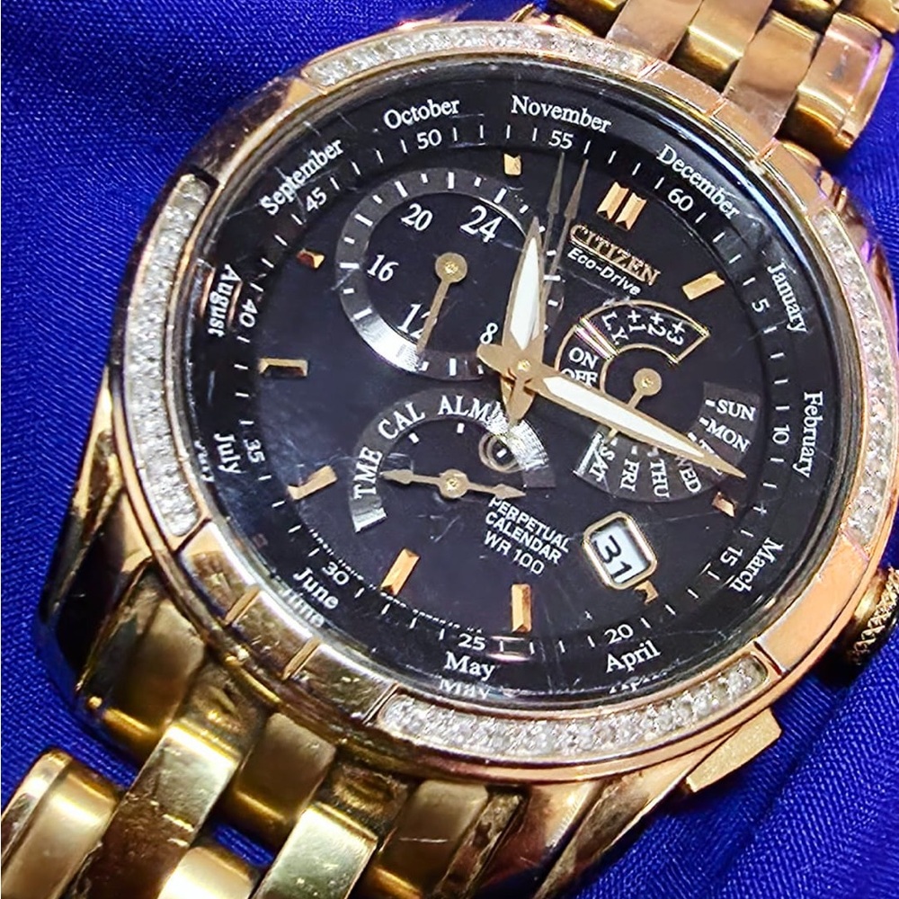 Citizen Corso Eco-Drive Perpetual Calendar Gold Tone Diamond Bezel Mens Watch